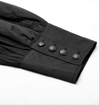 Detailed view of Punk Rave Y-752 shirt cuff with textured black fabric, pleated sleeve, and five ornate silver buttons, flat lay on white background