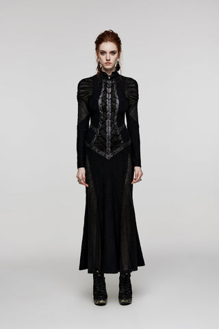 Punk Rave WQ‑653 black Victorian gothic long trumpet-sleeve dress with faux leather and lace-up bodice accents.