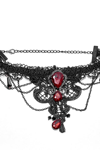 Gothic Victorian black lace choker with red gemstones and chain details