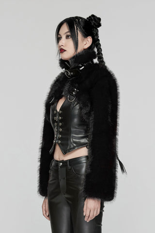 Side view of model wearing black faux fur bolero jacket over leather corset and pants, standing against a light grey background