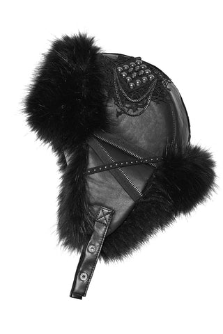 Side view of black faux fur Cossack-style hat with leather and stud details