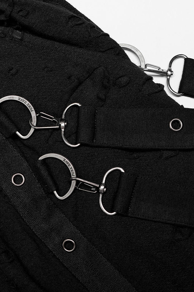 Close-up of silver D-rings and strap detailing on black Punk Rave dropcrotch pants