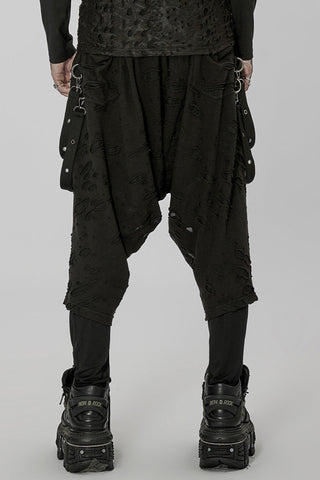 Back view of Punk Rave wk-525 black dropcrotch pants with layered design