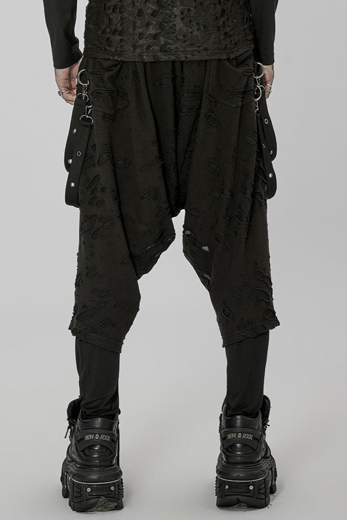 Back view of Punk Rave wk-525 black dropcrotch pants with layered design