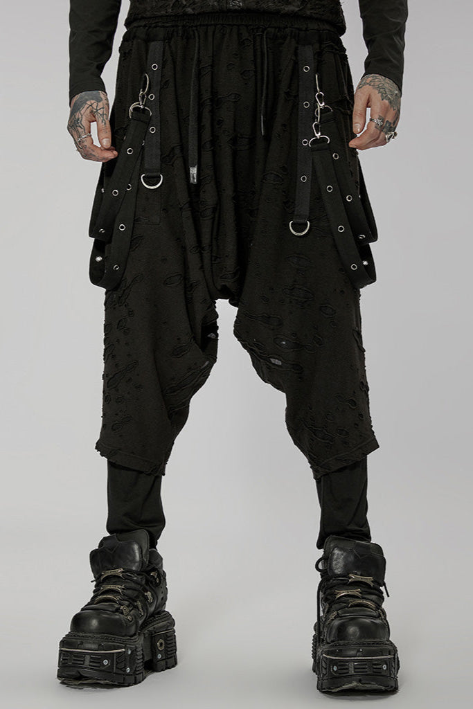 Front view of punk rave wk-525 black dropcrotch pants with harness straps.

