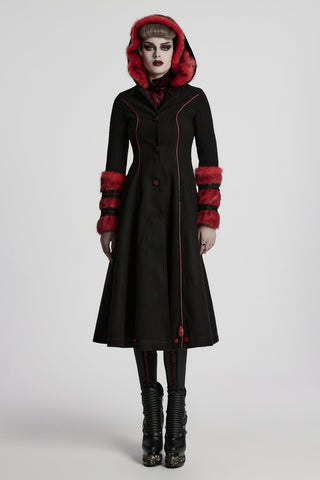 Black and red Gothic Lolita princess coat with red faux fur hood trim, fitted silhouette, front button closure, and mid-calf length
