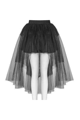 Front view of black high-low tulle skirt on a mannequin, showing layered tulle and an elastic waistband on a white background.