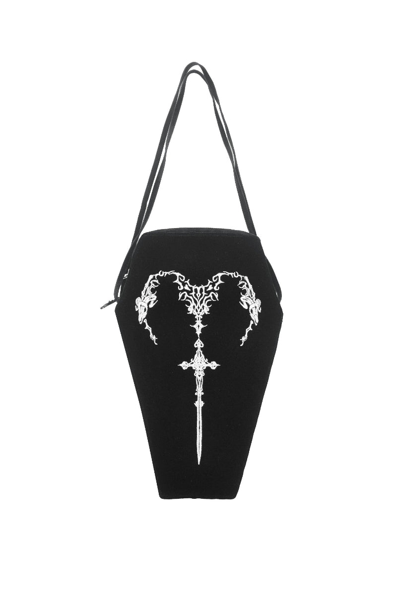Front view of Ritual Mourning Bag in black with white embroidered sigil and coffin-shaped design