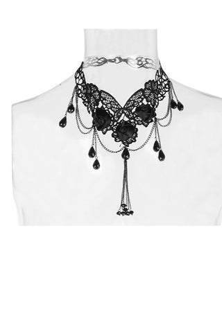 Romantic Gothic Victorian black lace necklace with fabric roses, chains, and teardrop beads