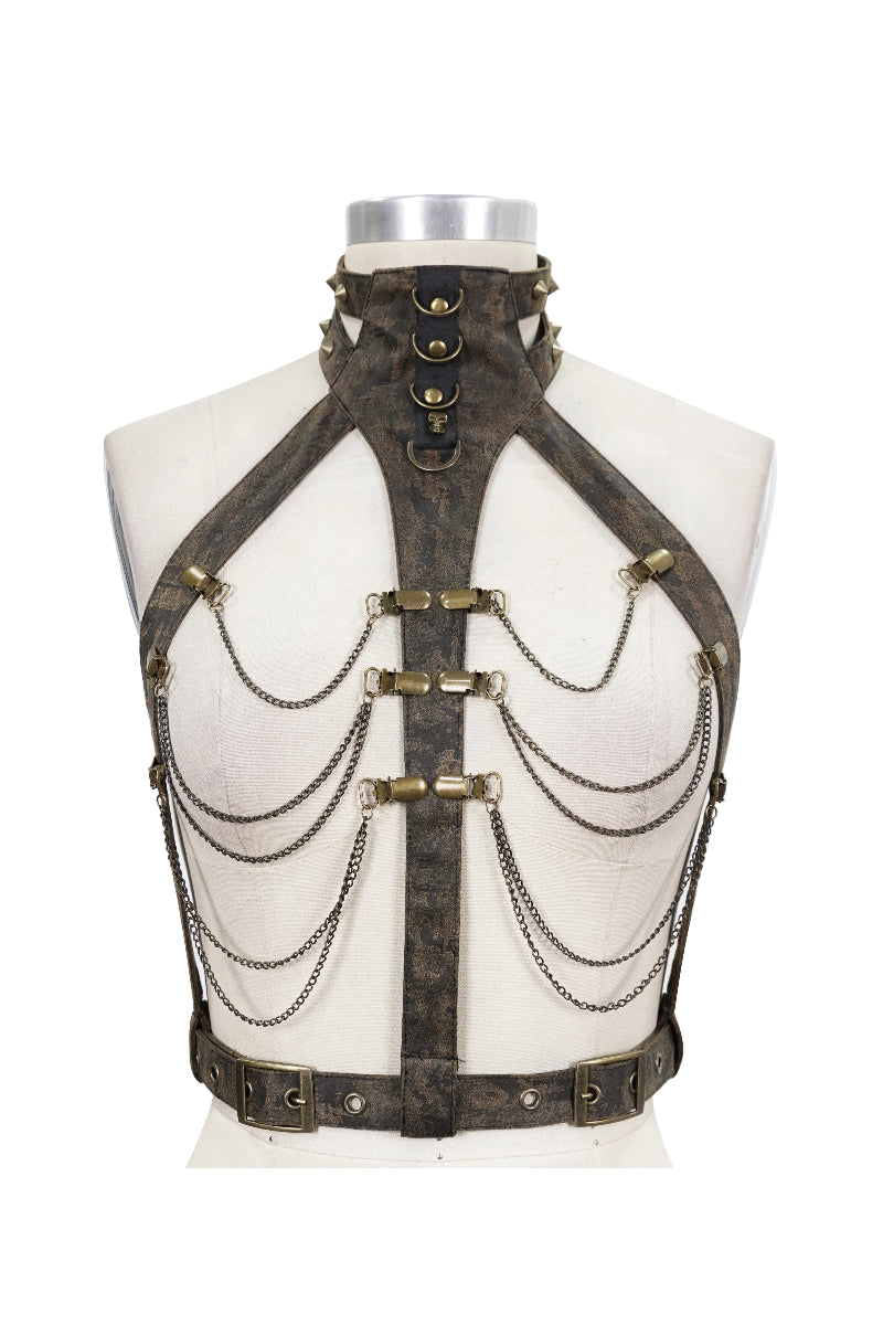 Close-up of Steampunk harness with rust-effect faux leather and chain trim on mannequin