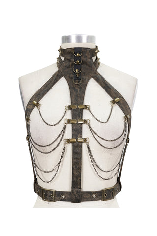 Close-up of Steampunk harness with rust-effect faux leather and chain trim on mannequin