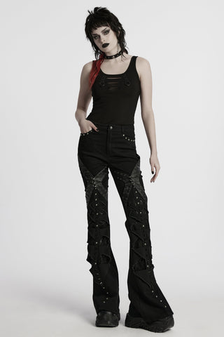 Black fitted tank top with chest cut-outs and metal ring details, full body view on model