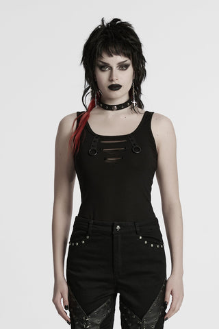 Black fitted tank top with chest cut-outs, stud details and metal ring hardware, front view on model