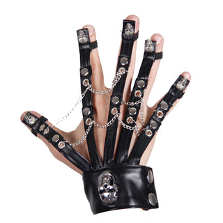 Skeleton finger leather hand harness with chain links front view on hand