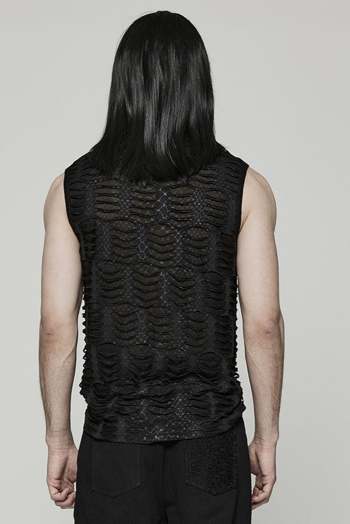 Back view of sleeveless black mesh top with distressed texture and high neck