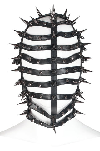 Front view of spiked cage mask on white mannequin
