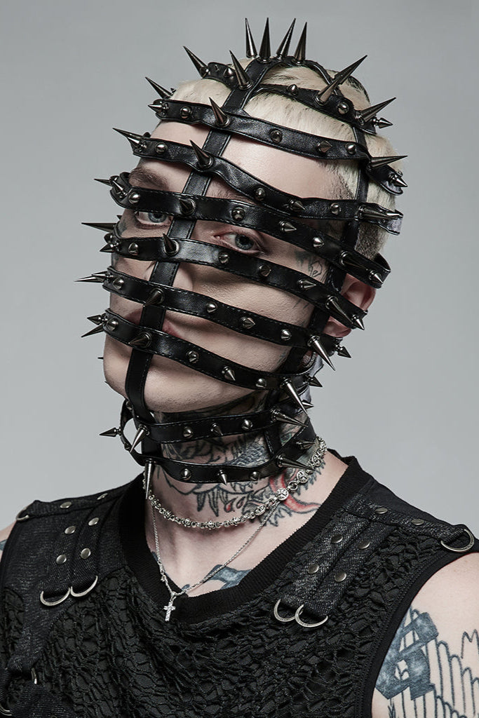 Model wearing full black spiked cage mask, front view punk rave ws-497