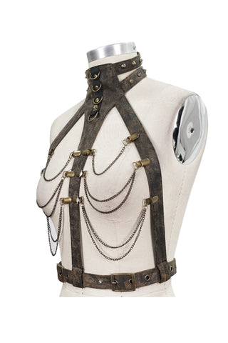 Steampunk harness on mannequin with rust-effect straps and hanging chains, side angle view