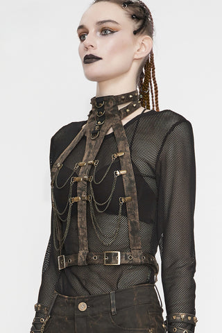 Side view of model wearing rust-effect faux leather Steampunk body harness with chain accents