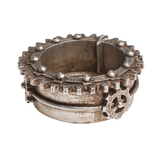 Antique silver steampunk gear trinket tray with rivet and cog details on a white background