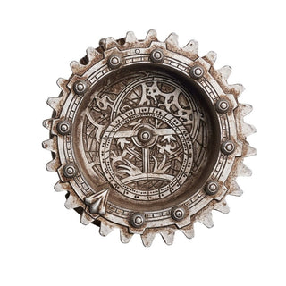 Top view of an antique silver steampunk gear trinket tray with detailed mechanical dial design