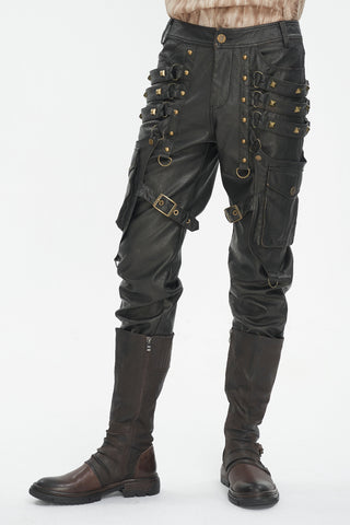 Angled view of Devil Fashion brown Steampunk pants with thigh studs, D-rings, cargo pockets, and boots