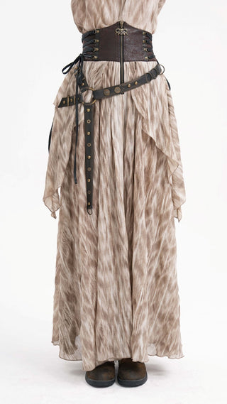 Devil Fashion SKT020702 Beige layered steampunk maxi skirt with corset waist and hanging strap details