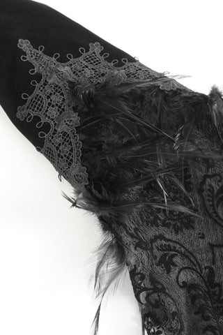 Close-up of Eva Lady ECT015 bolero jacket sleeve with black lace, feather trim, and brocade texture