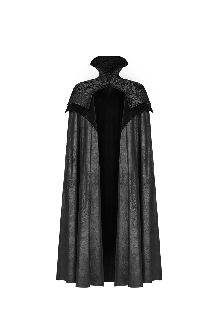 Front view of full-length black vampire cloak with high collar