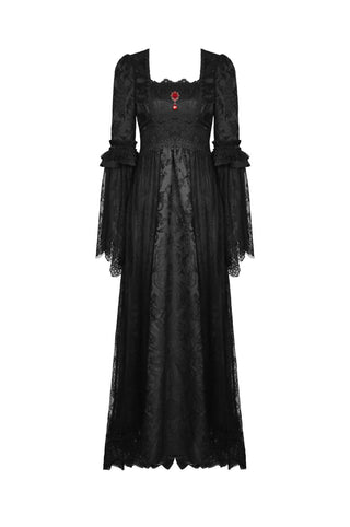 Black floor-length Gothic dress with square neckline and lace overlay shown flat