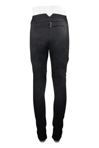 Back view of Victorian Gothic trousers on mannequin with decorative rear buckle and jacquard pattern