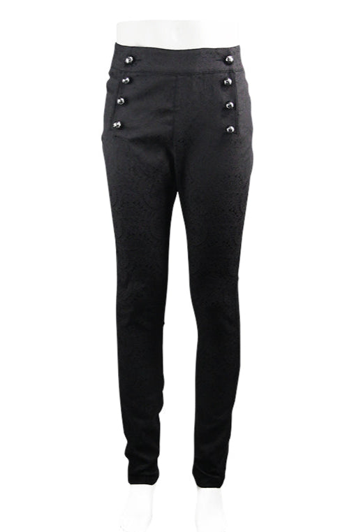 High-waisted Gothic trousers with silver buttons displayed on white mannequin front view