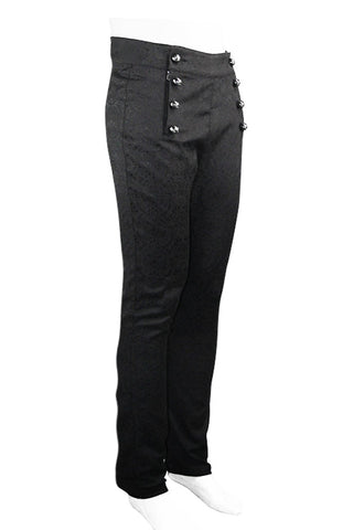 Side view of high-waisted Gothic trousers with decorative button panel on mannequin