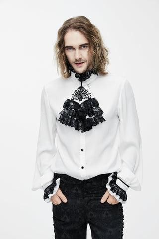 Model wearing white Victorian shirt with detachable black lace jabot and ornate sleeve cuffs