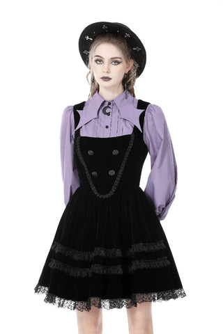 Violet witchy shirt worn under black pinafore-style dress with lace skirt for layered Gothic look