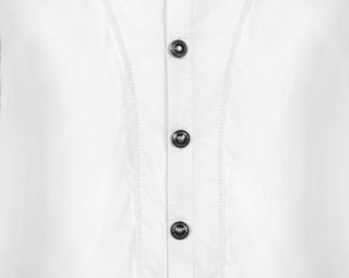 Decorative metal buttons and front seam detail on white Gothic shirt