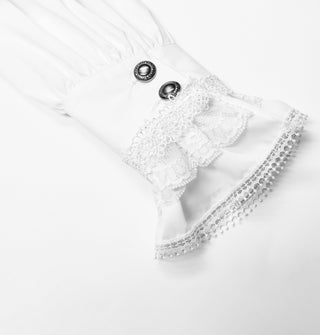 Decorative lace cuff and metal button detail on white Gothic shirt