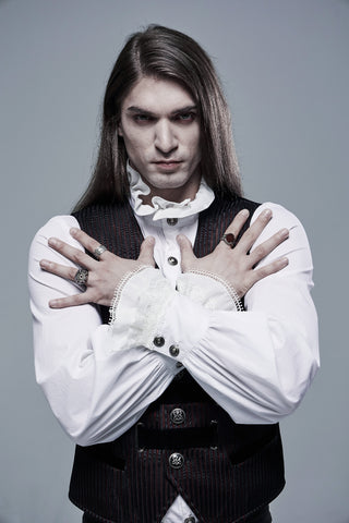 White Gothic shirt with lace-trimmed cuffs and high collar