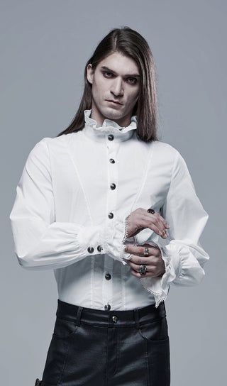 White Gothic shirt showing lace-trimmed cuffs and high collar