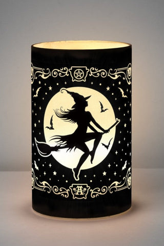 Alchemy Witch by Moonlight LED lantern with a witch flying across a glowing full moon