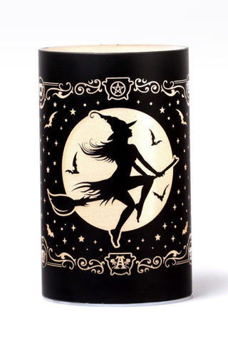 Front view of the Alchemy Witch by Moonlight LED lantern with a witch, full moon, stars and bats
