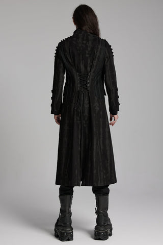 Back view of black Gothic long coat with lace-up waist