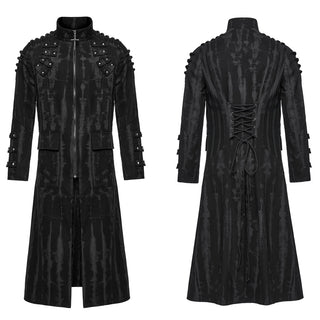 Front and back view of black Gothic long coat with stud details and lace-up back