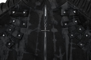 Close-up of black Gothic coat with pyramid studs and sword zipper pull