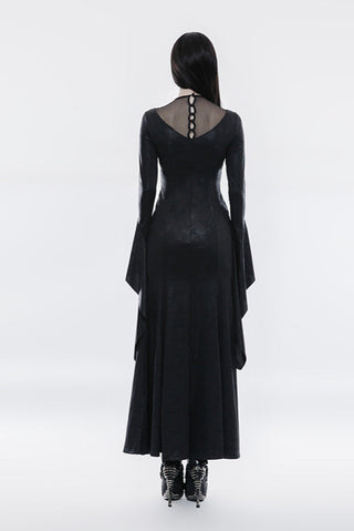 Back view of long black dress with button closure and full-length lace sleeves