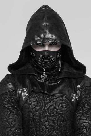 Model wearing Cyber-Goth Scorpion Mask punk rave ws-270 with hooded outfit