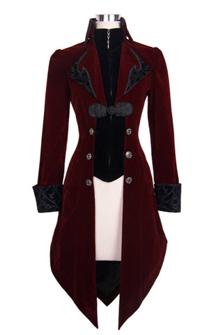 Front flat-lay of red velvet Gothic coat with swallowtail cut and decorative front buttons.