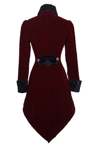 Back flat-lay of long tail Victorian Gothic jacket in red velvet with black trim.