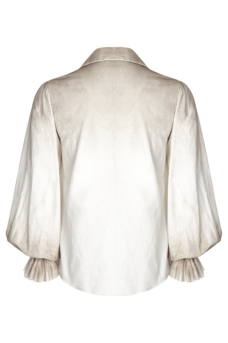 Back view of distressed white pirate-style shirt with loose sleeves and pleated cuffs, shown flat