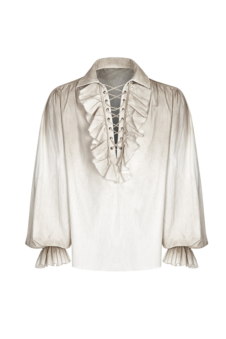Front view of distressed white pirate-style shirt with lace-up chest and ruffled collar